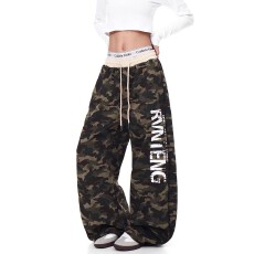 迷彩裤字母印花迷彩运动卫裤男女潮牌拼接松紧腰宽松直筒阔腿裤