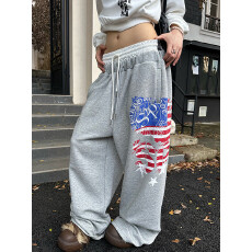 批发双腰围美式设计感印花双腰头抽绳卫裤男<b class='q'>女</b>慵懒宽松百搭阔腿<b class='q'>长裤</b>