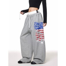 批发双腰围美式街头做旧印花拼接卫裤男<b class='q'>女</b>宽松休闲阔腿爵士舞<b class='q'>长裤</b>