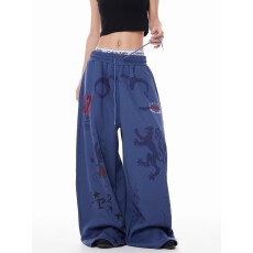 批发美式设计感印花松紧腰阔腿卫裤男<b class='q'>女</b>春秋宽松休闲慵懒垂感拖地<b class='q'>长裤</b>