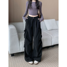 批发实拍实价~新款字母多口袋黑色工<b class='q'>装</b>裤女直筒阔腿宽松美式复古裤子