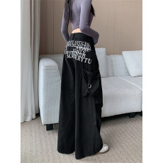 批发实拍实价~新款字母多口袋黑色工<b class='q'>装</b>裤女直筒阔腿宽松美式复古裤子