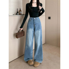 实拍实价~提花刺绣阔腿牛仔裤女秋季新款设计感高腰休闲直筒裤子