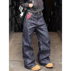 美式复古花卉刺绣设计感牛仔裤男女春秋vibe风宽松直筒休闲长裤