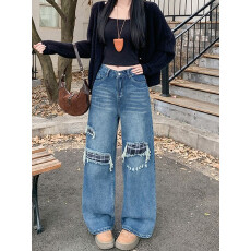 实拍实价~复古格纹拼接牛仔裤女新款高腰显瘦宽松假破洞阔腿裤子