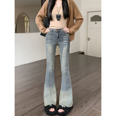 实拍实价~复古铆钉重工微喇牛仔裤女秋季高腰显高设计感修身长裤