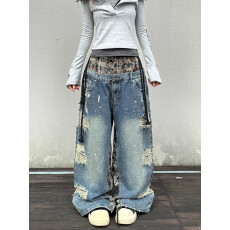 批发美式复古设计感双腰头拼接破洞牛仔裤<b class='q'>男</b>女款宽松百搭高街情侣裤潮