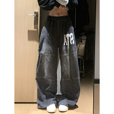 批发松紧腰印花口袋设计牛仔裤<b class='q'>男</b>女阔腿宽松休闲百搭拖地<b class='q'>长裤</b>情侣