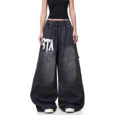 批发松紧腰星星字母印花阔腿牛仔裤<b class='q'>男</b>女春秋宽松休闲水洗做旧<b class='q'>长裤</b>