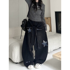 批发美式复古水洗做旧星星贴布牛仔裤<b class='q'>男</b>女宽松阔腿拖地<b class='q'>长裤</b>潮牌