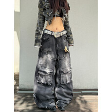 工装牛仔裤女街头做旧美式重工多口袋阔腿长裤