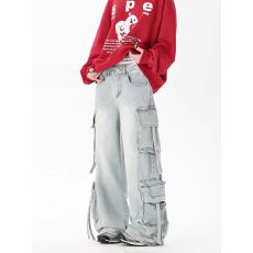 批发美式复古多口袋水洗直筒工装<b class='q'>牛仔裤</b>男女街头阔腿休闲裤潮牌