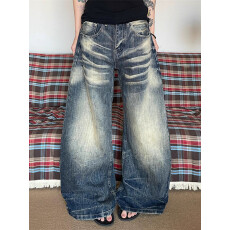 批发美式OOTD复古水洗做旧压痕宽松休闲阔腿垂感男女直筒<b class='q'>牛仔裤</b>春秋潮