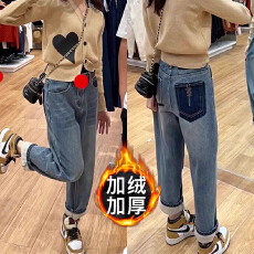 美式哈伦牛仔裤女秋冬季高腰显瘦老爹裤百搭阔腿加绒长裤子in