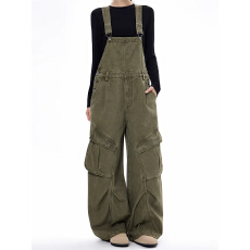 批发美式复古多口袋工装<b class='q'>背带裤</b>男<b class='q'>女</b>水洗直筒拖地阔腿休闲裤子