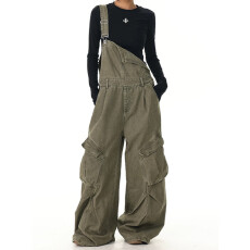 批发美式复古水洗多口袋工装<b class='q'>背带裤</b><b class='q'>女</b>街头设计感阔腿拖地裤