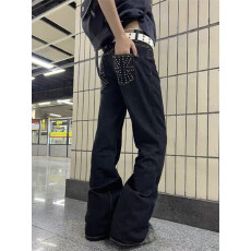 批发美式潮汇复古辣妹低腰不规则重工<b class='q'>钉珠</b><b class='q'>牛仔裤</b>女秋直筒显瘦长裤子潮