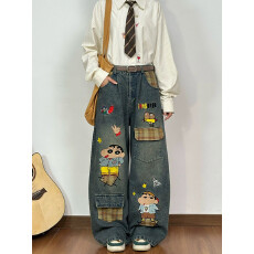 批发童趣卡通刺绣水洗做旧<b class='q'>牛仔</b>裤女小众宽松直筒阔脚长裤