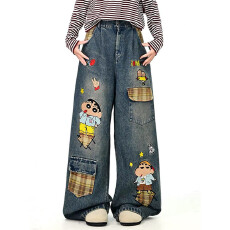批发卡通刺绣格子口袋<b class='q'>牛仔</b>裤女2025秋新款童趣宽松bf韩系街头阔腿裤