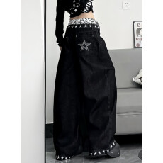 刺绣撞色巴鲁米腰头牛仔裤子女秋辣妹小众星星印花阔腿拖地长裤