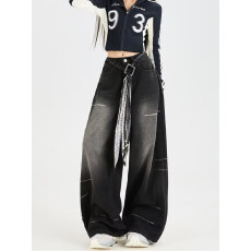 批发高腰旺匠抽绳牛仔直筒长裤女春秋学生胖mm垂感显瘦百搭休闲阔腿裤