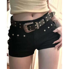 批发配腰带黑色低腰牛仔超短裤女<b class='q'>夏</b>包臀y2k轻亚文化美式辣妹弹力裤子