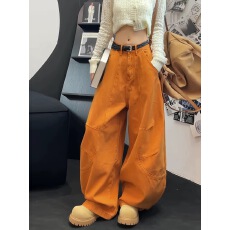 高街时尚立体裁片阔腿工装牛仔裤女秋季百搭宽松显瘦休闲弯刀裤子