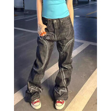 批发美式新概念复古水洗工装牛仔裤<b class='q'>男</b>女秋拼接设计感小众痞帅<b class='q'>小脚裤</b>子