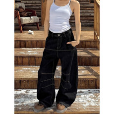 批发复古新风格阔腿明线设计牛仔裤男女秋新款美式辣妹显瘦弯刀<b class='q'>休闲</b>裤