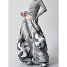 批发2025新款冬季喷漆印花休闲裤女宽松显瘦百搭直筒阔腿长裤子