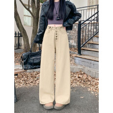 批发实拍实价~复古卡其色弯刀<b class='q'>牛仔裤</b><b class='q'>女</b>冬季新款设计感高腰宽松阔腿<b class='q'>裤</b>