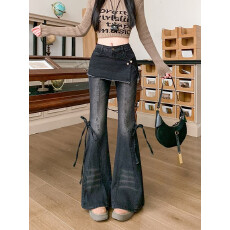 批发实拍实价~超火屁帘微喇<b class='q'>牛仔裤</b><b class='q'>女</b>冬季设计感蝴蝶结辣妹微喇叭裤子