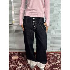 批发美式大码明线撞色裤脚翻边牛仔裤子女辣妹小众设计感直筒拖地长裤