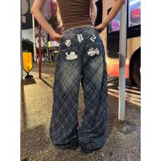 批发美式高街设计感褶皱格纹牛仔<b class='q'>裤</b>子女辣妹宽松bf慵懒风弯刀拖地长<b class='q'>裤</b>