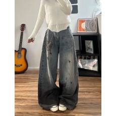 批发美式泼墨水洗做旧弯刀<b class='q'>牛仔裤</b>女2025冬季新款宽松<b class='q'>显瘦</b>阔腿裤潮