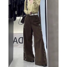 批发2025秋季新款复古休闲刺绣花卉<b class='q'>牛仔裤</b>女高腰<b class='q'>显瘦</b>宽松直筒阔腿长裤