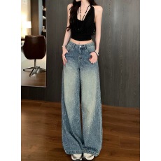 批发满天星<b class='q'>烫钻</b>爆闪阔腿宽松<b class='q'>牛仔裤</b>女2025超火冬季拖地裤