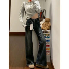 批发<b class='q'>微喇</b><b class='q'>牛仔裤</b>女2025冬季新款美式复古双排扣弹力高腰显瘦喇叭裤