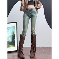 批发复古蓝提臀铅笔牛仔裤女秋冬新款中低腰辣妹弹力九分小脚裤子