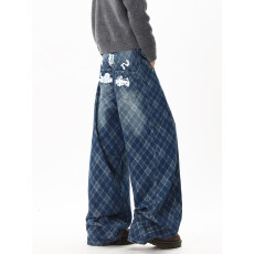 批发美式复古水洗做旧网格阔腿<b class='q'>牛仔裤</b>男女潮牌宽松百搭拖地裤