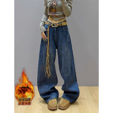 批发设计感重工<b class='q'>烫钻</b>钉珠阔腿<b class='q'>牛仔裤</b>女2025冬新款高腰复合绒加厚阔腿裤