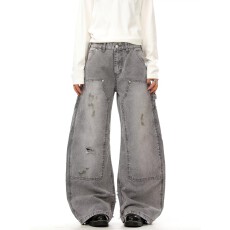 批发美式复古解构廓形做旧弯刀工装牛仔裤男女春秋宽松脏染伐木<b class='q'>裤子</b>