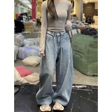 满天星烫钻阔腿牛仔裤女2025年冬季新款高腰显瘦小个子拖地裤