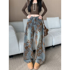 批发实拍实价~美式做旧<b class='q'>印花</b>弯刀牛仔<b class='q'>裤</b>女冬季新款高腰宽松阔腿镰刀<b class='q'>裤</b>