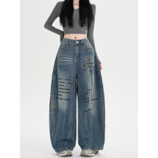 批发实拍实价~美式重工铆钉贴布弯刀<b class='q'>牛仔裤</b>女新款设计感宽松阔腿裤子