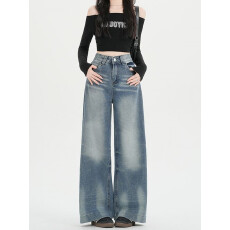 批发实拍实价~复古蓝阔腿<b class='q'>牛仔裤</b>女2026新款春季宽松美式猫须直筒裤女