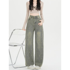 批发实拍实价~复古十字星阔腿<b class='q'>牛仔裤</b>女春季新款高腰宽松显瘦直筒裤子