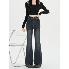 批发实拍实价~美式复古双扣微喇叭<b class='q'>牛仔裤</b>女春季新款高腰显瘦马蹄裤子