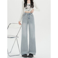 批发实拍实价~辣妹浅蓝色<b class='q'>牛仔裤</b>女春季高腰水洗微喇裤百搭阔腿长裤子