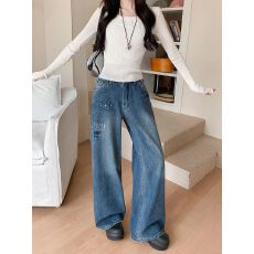 批发实拍实价~美式复古铆钉水洗闪电直筒<b class='q'>牛仔裤</b>女做旧设计感阔腿长裤